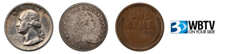 Three coins displayed: a 1932 Washington quarter, a 1798 Liberty dollar, and a 1943 one-cent coin, alongside the WBTV logo.