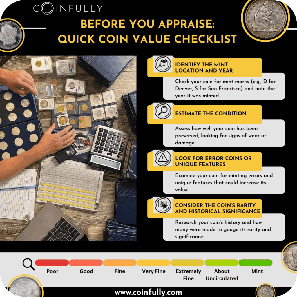 A checklist graphic for pre-appraisal coin evaluation, featuring icons for mint identification, condition assessment, error detection, and rarity analysis.