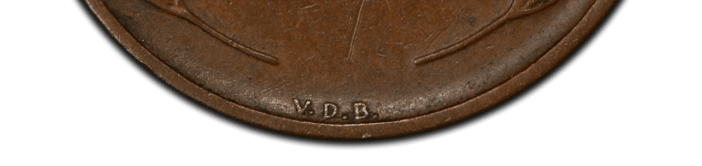 V.D.B. inscription on the bottom of a 1909-S V.D.B. cent coin, showing its distinctive design.
