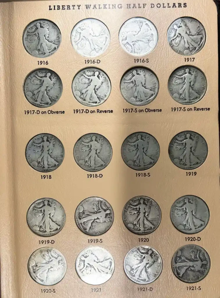 How Much Silver is in a Silver Half Dollar - Liberty walking silver half dollars in a coin book
