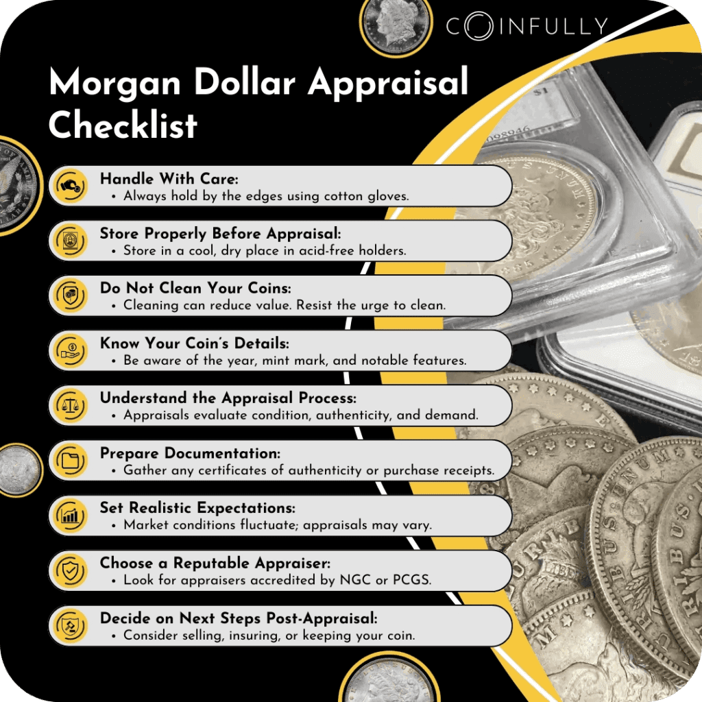 A checklist for coin owners to prepare their Morgan Silver Dollars for appraisal, including handling tips, cleaning warnings, and what to expect from the appraisal process.