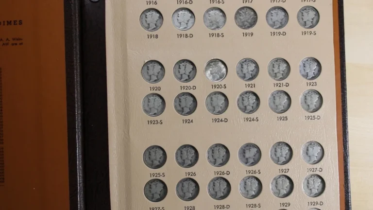 Mercury dimes displayed in a coin collection book with labeled slots for various years.