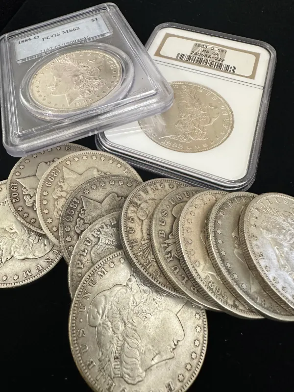 Silver coin collection neatly compiled on a surface, prepping for a profitable sale.