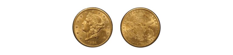 Valuable 1884-CC $20 gold coin showing Liberty head on one side and eagle with shield on the other.