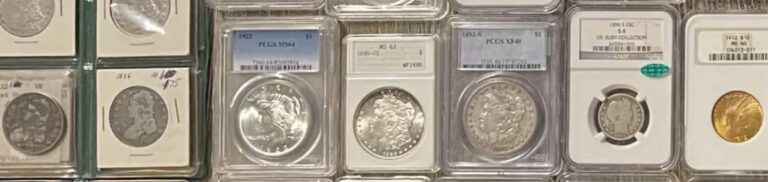 Collector coins in protective cases, showcasing their certified grades and prices for potential buyers.