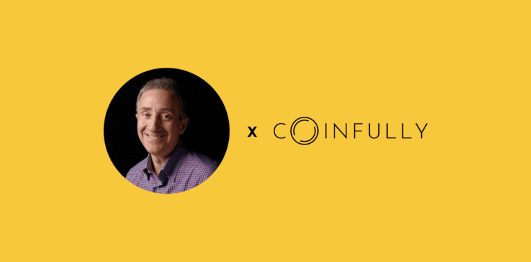 Douglas Winter smiling next to the Coinfully logo on a yellow background.