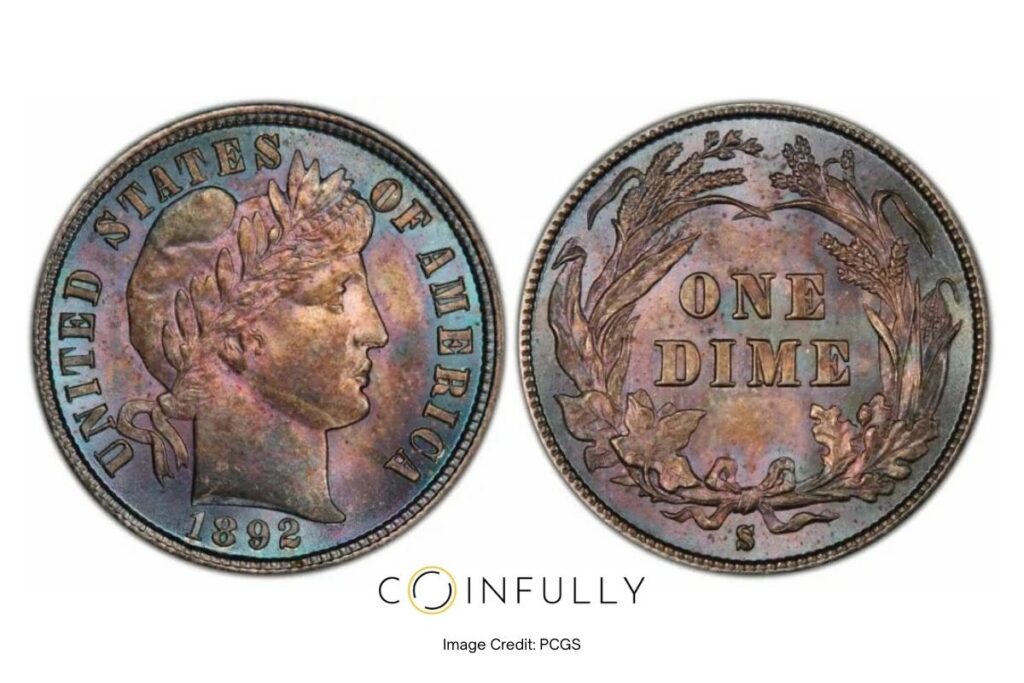 1892-S Barber Dime Obverse and Reverse - Coinfully