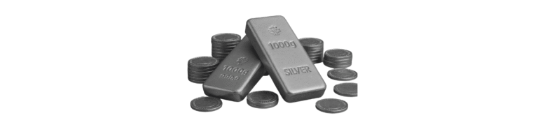 Two silver bullion bars labeled "1000g" and "SILVER" surrounded by stacks of silver coins.