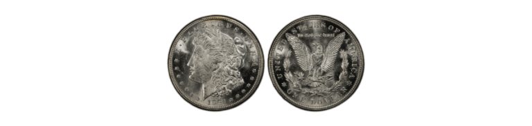 Morgan silver dollar coins displayed, showing the obverse with a profile of Liberty and the reverse featuring an eagle.