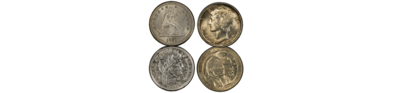 Four rare coins displayed: an 1881 seated liberty, a 1940 mercury dime, a 1906 liberty head, and a 1916 commemorative coin.