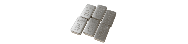 Six silver bullion bars stacked, each marked with "999 FINE SILVER 10 OZ." on the surface.