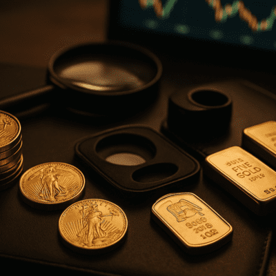 Gold coins and bars arranged on a dark surface with a magnifying glass