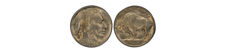 1914 Buffalo nickel showing a Native American profile on one side and a buffalo on the reverse.