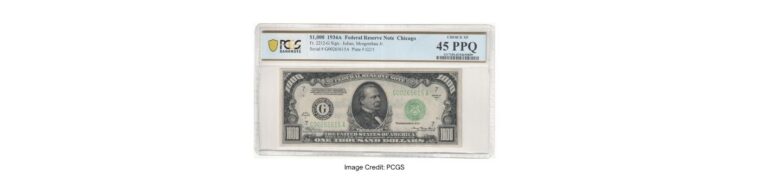 $1,000 1934A Federal Reserve Note displayed in a protective case, labeled with grading information and serial number.