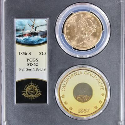 1856-S Liberty Head Double Eagle gold coin displayed in a protective case with a label and a California gold dust sample.
