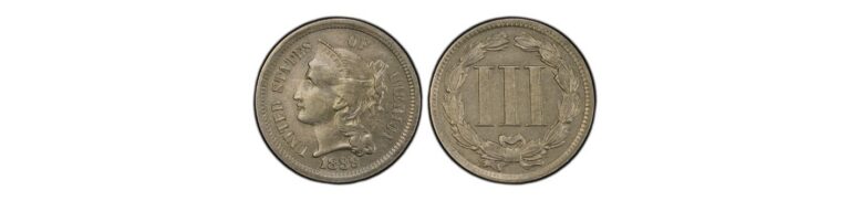 1889 Three-Cent coin showing a profile of Liberty on one side and the numeral III surrounded by laurel on the other.