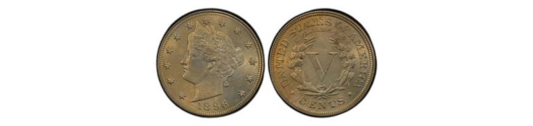 1896 Liberty V Nickel showing the obverse with a profile and the reverse featuring a wreath and the denomination "5 CENTS."