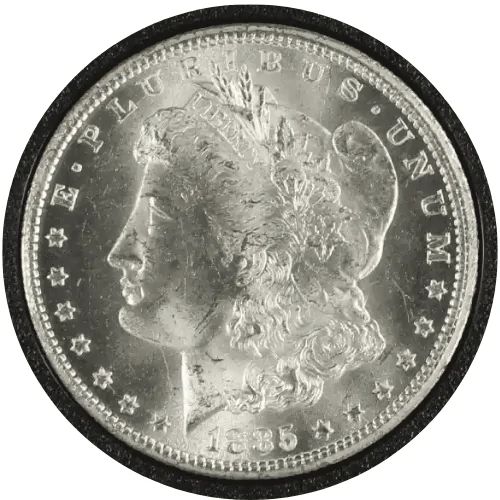 E Pluribus Unum surrounds Liberty on an 1885 silver coin.