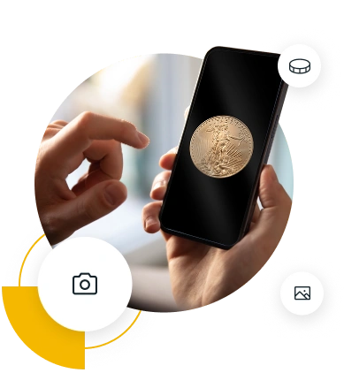 Hands holding a smartphone displaying a gold coin, with icons for camera and gallery in the corners.