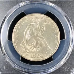 Seated Liberty silver coin from 1854, displayed in a protective case.