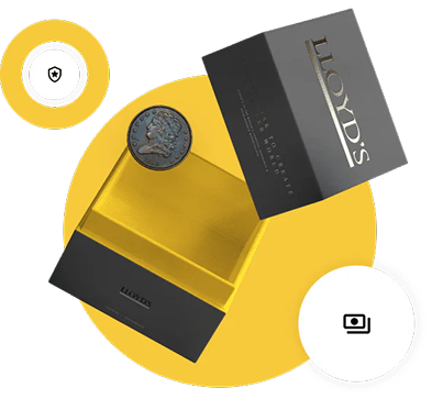 Lloyd's logo on a black box and a coin on top