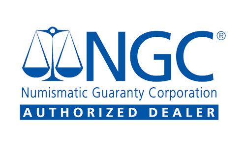 NGC logo for Numismatic Guaranty Corporation, labeled as an Authorized Dealer, featuring scales.