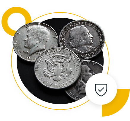 U.S. half dollars featuring profiles of John F. Kennedy and Benjamin Franklin