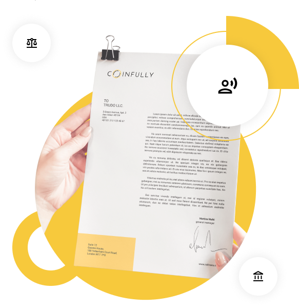 A hand holding a letter addressed to Trudo LLC from Coinfully, featuring contact details.