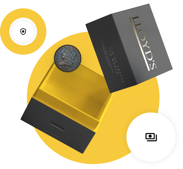 A black box with a yellow interior labeled "LLOYD'S" and a coin on top