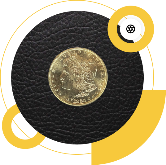 A gold coin from 1880 featuring a profile of Liberty, set against a textured black background