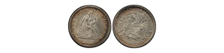 1877 CC Seated Liberty Quarter, showing a seated figure and an eagle on opposite sides.