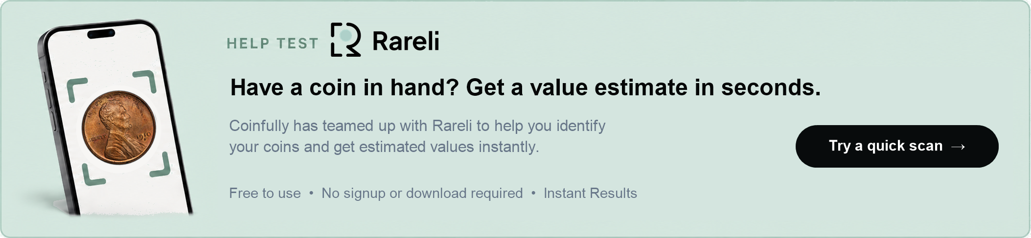 Banner showing image of a Lincoln scent on a mobile app with direction to try Rareli coin identification software.